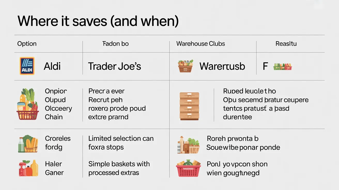 Comparison table infographic of store types and where each usually saves money.