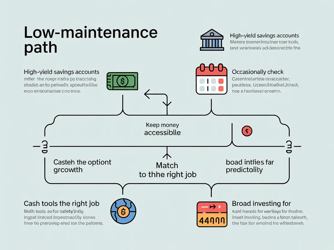 Infographic checklist showing low-maintenance passive income steps, starting with high-yield savings accounts and rate checks.