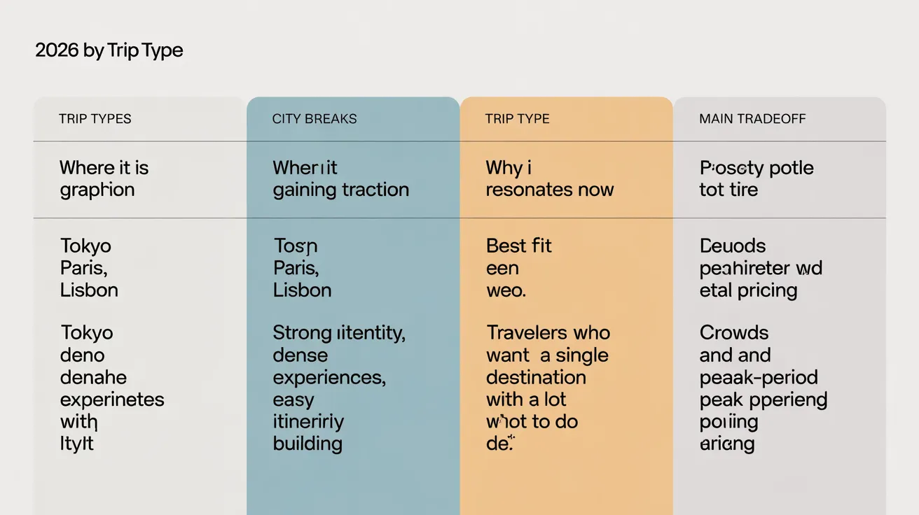 Comparison infographic table mapping 2026 trip types to destinations, fit, and tradeoffs.