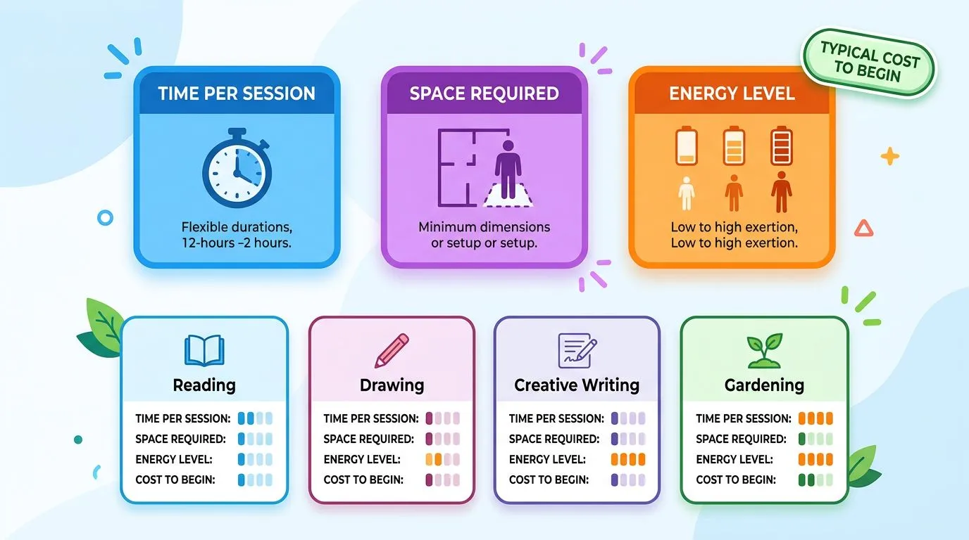 Infographic showing how to pick a hobby using time, space, and energy