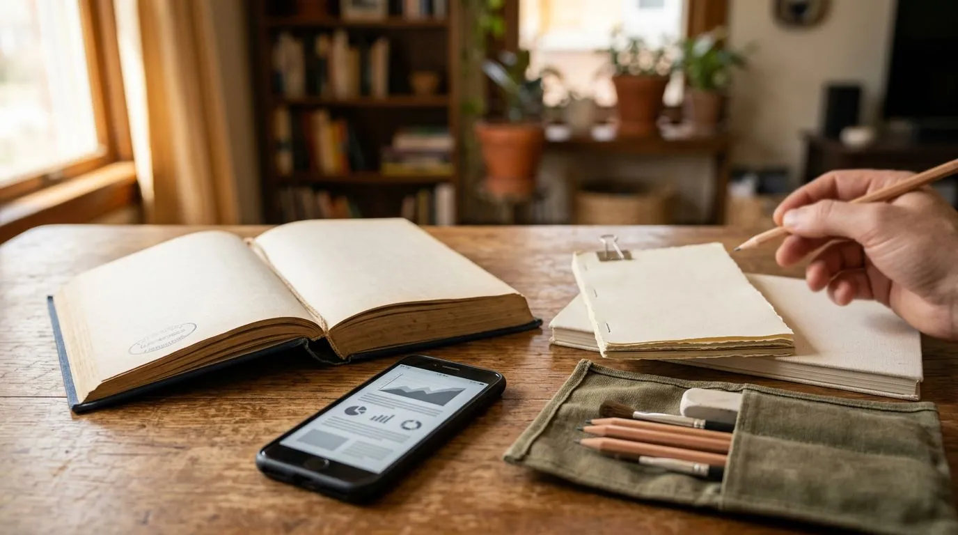 Books, phone, and paper setup for trying a new hobby before buying supplies
