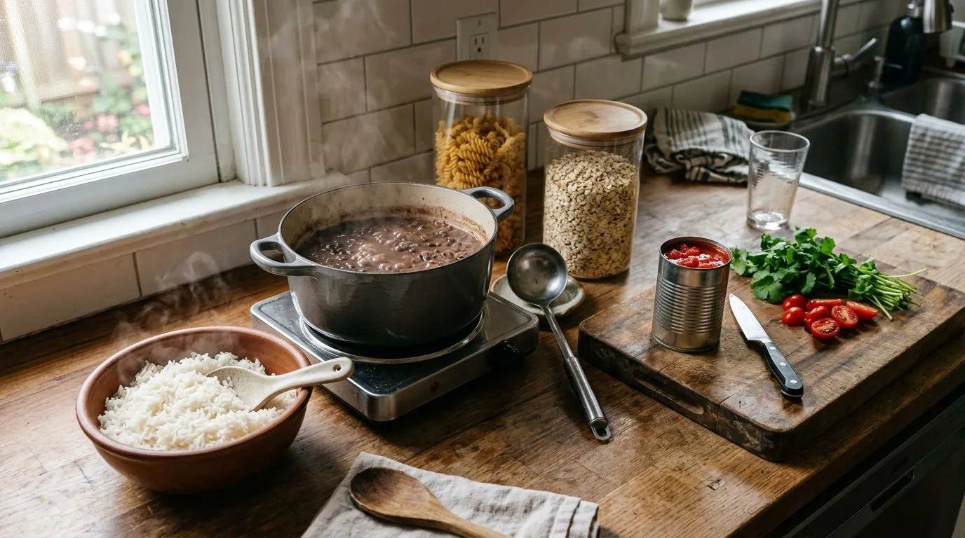 Cooked rice and beans with pasta, oats, and canned tomatoes for building pantry dinners.