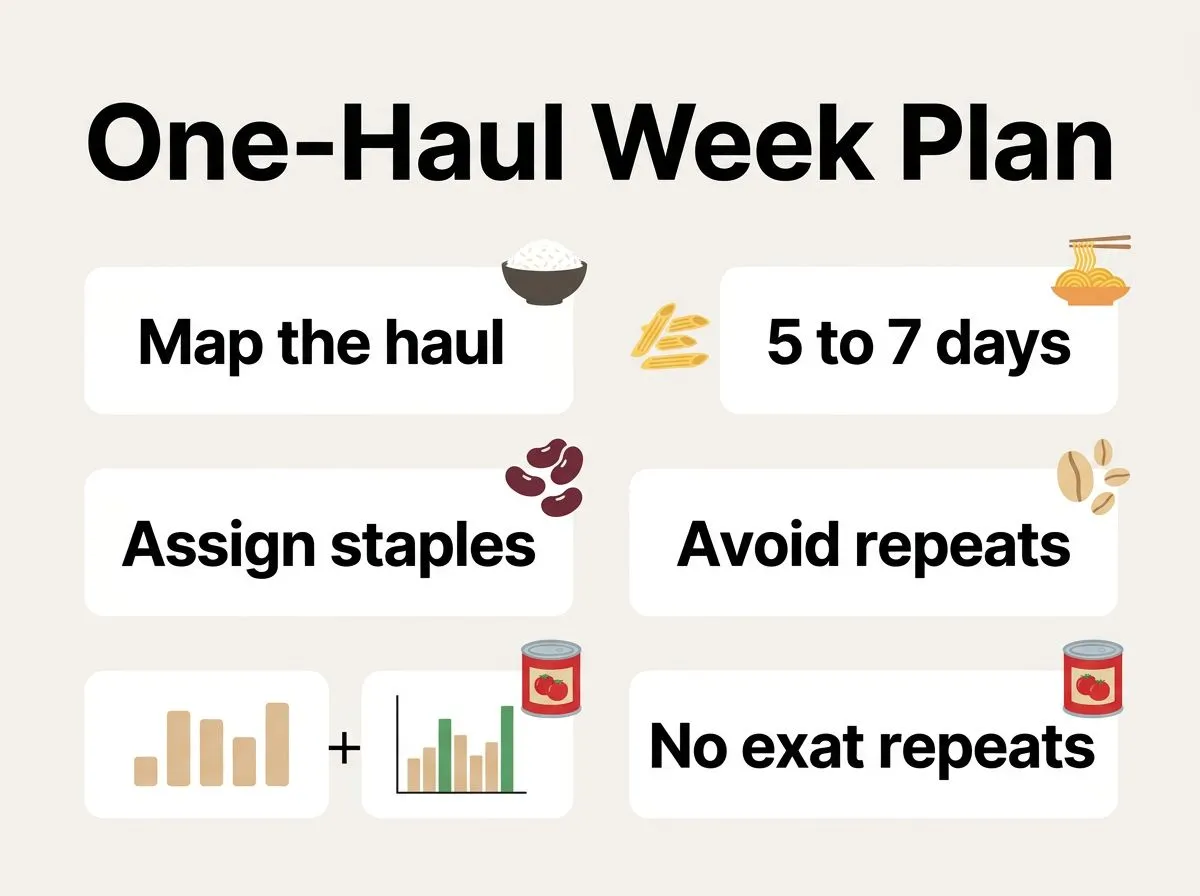 Infographic showing how to plan 5 to 7 days of dinners from one pantry haul.