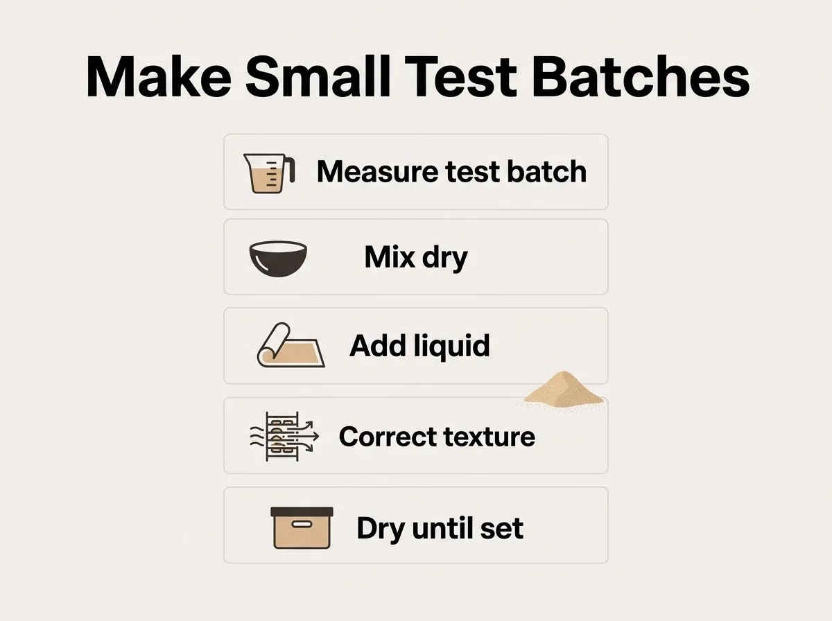 Infographic showing the small-batch steps for making DIY laundry detergent sheets, from measuring ingredients to drying and setting.