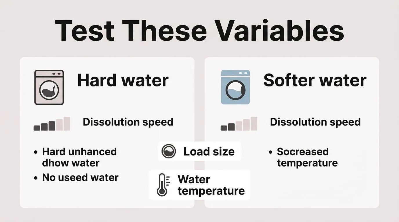 Comparison graphic of key variables that change DIY detergent sheet performance, including water hardness, load size, and water temperature.