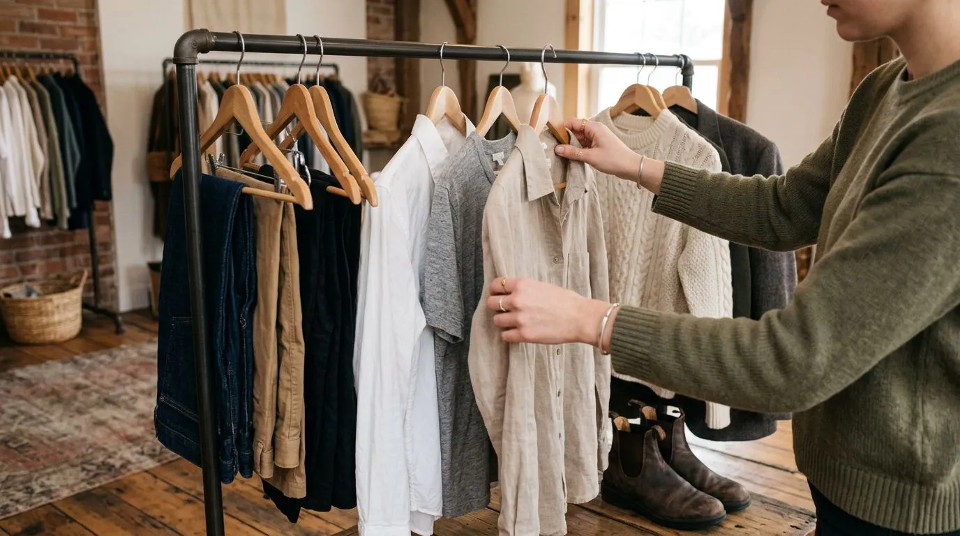 Secondhand capsule basics laid out: tops, bottoms, layers, and shoes.