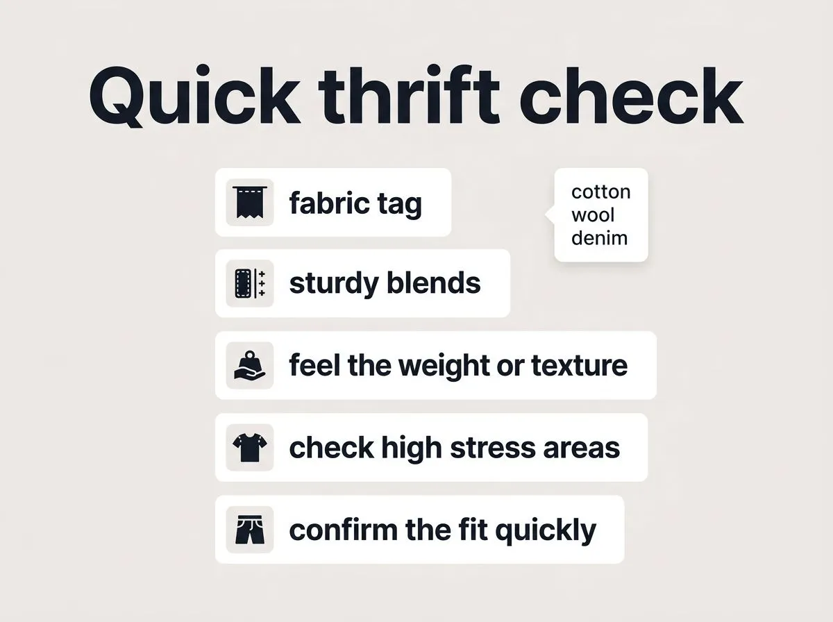 Infographic steps for checking fit, fabric, and condition in a thrift store.