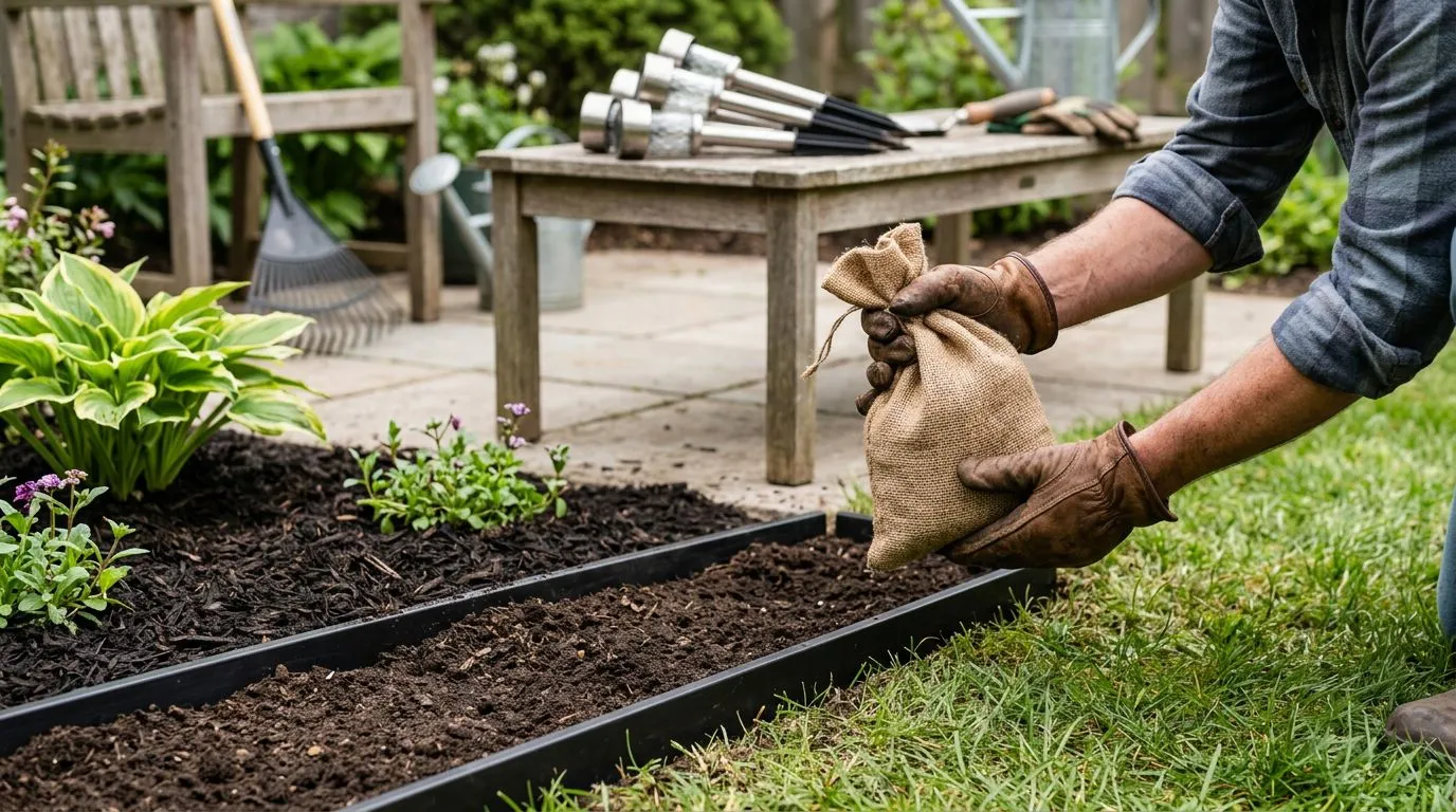 Mulch, straight landscape edging, and solar path lights staged for a budget backyard upgrade.