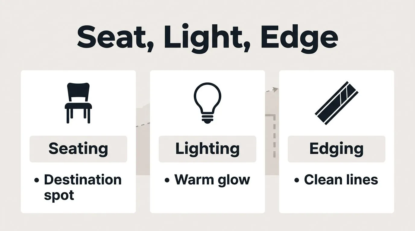 Side-by-side guide showing how to prioritize seating, lighting, and edging for curb appeal.