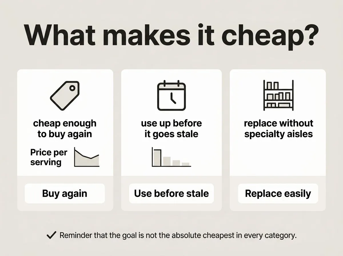 Infographic illustrating the criteria for a cheap pantry staple: price per serving, buy again, use before it goes stale, and replace easily.