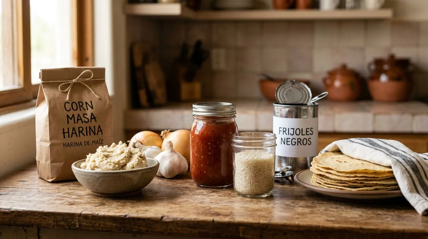 Realistic kitchen photo of Mexican pantry ingredients set up for smart substitutions, with masa harina, tortillas, salsa, rice, and beans.