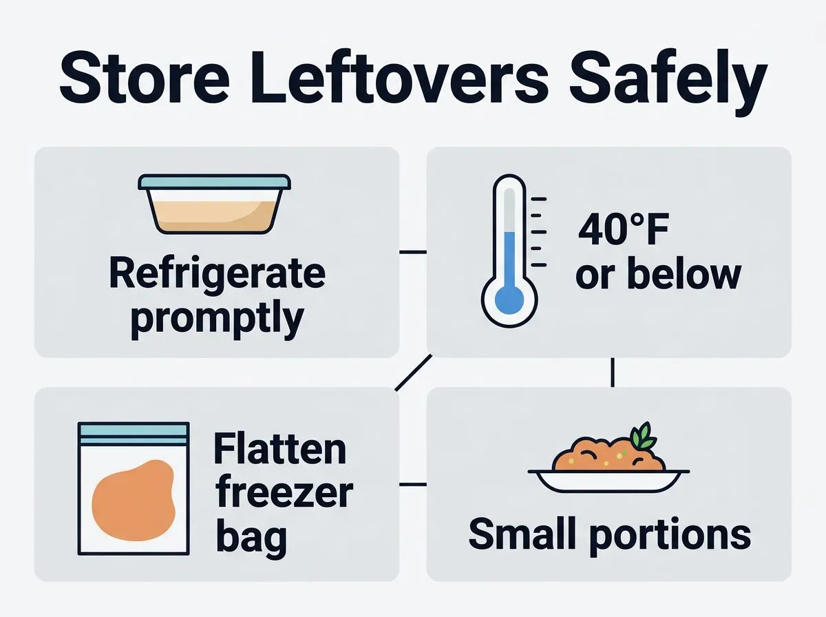 Infographic showing key steps for storing and freezing cooked vegetables