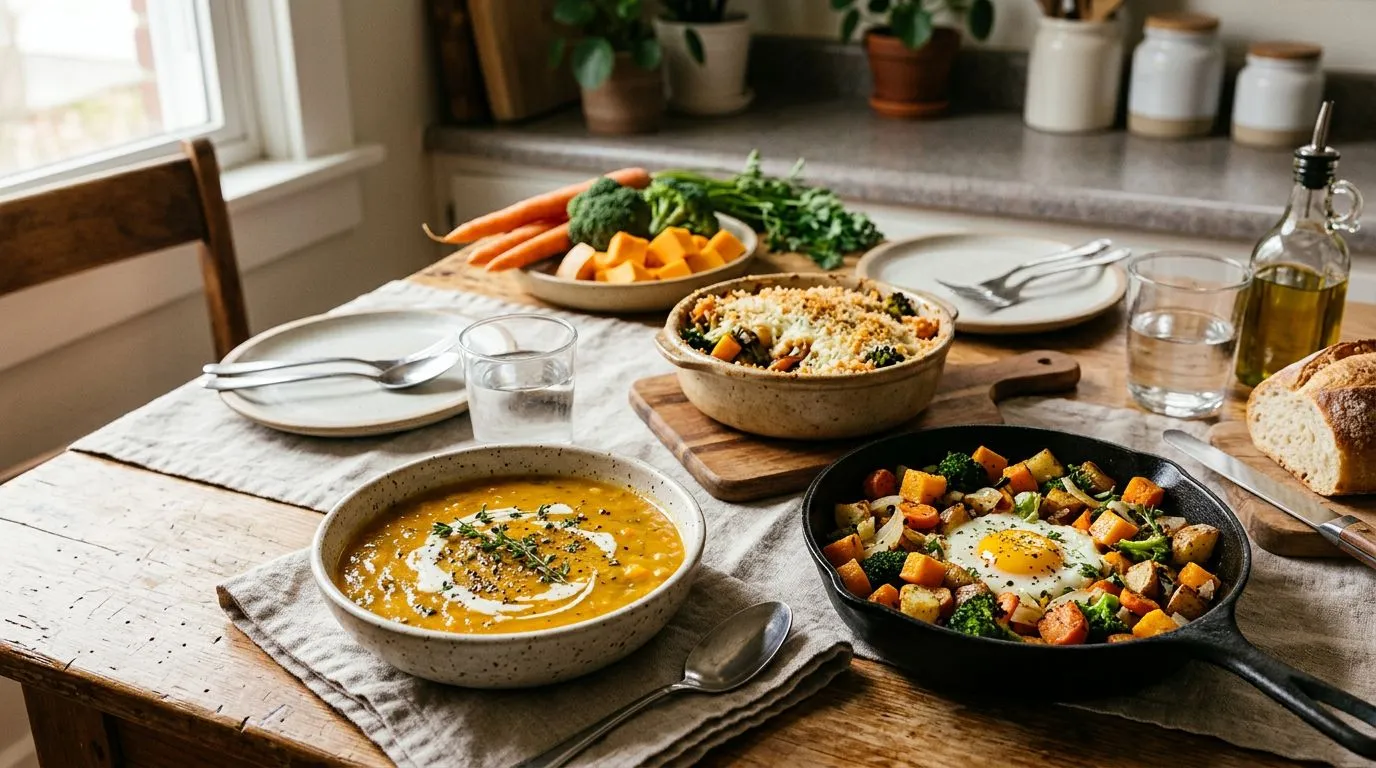 Soup, vegetable hash, and a savory bake made with leftover vegetables