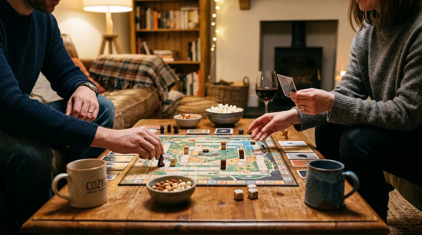 Two adults play a board game at home with simple snacks and drinks nearby.
