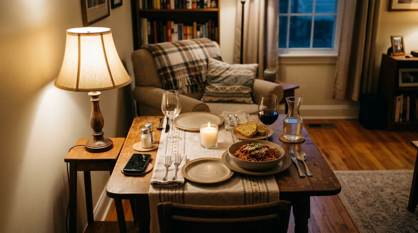 A simple dinner table with warm lighting creates an inviting at-home date-night setting.